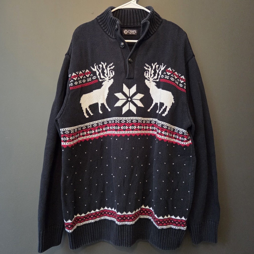 Chaps Men's Pullover Holiday Sweater 1/4 Button Black Deer Snow Size 2XL Tall‎